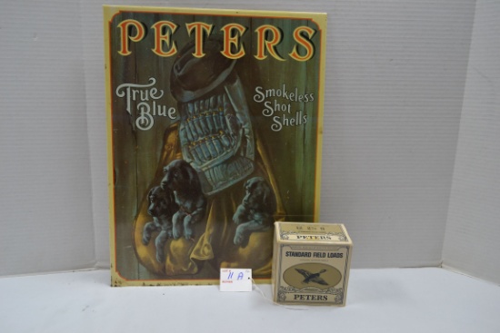 Peters Metal Advertising Sign 13"x17" and Box of Peters 12 Ga. 6-Shot Standard Load Shells