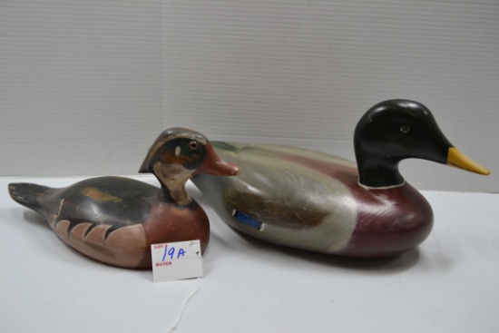 Pair of Decorative Duck Decoys including Handpainted 15"x8" Mallard and Handcarved by Harrell 1985 1