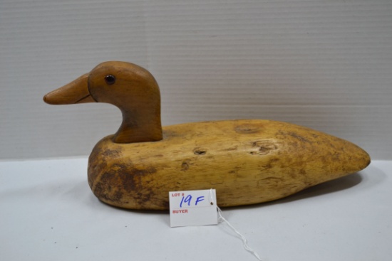 Vintage Handcarved Duck Decoy w/Balsam Wood Base, Pin Head, and Glass Eye; 14"x7"