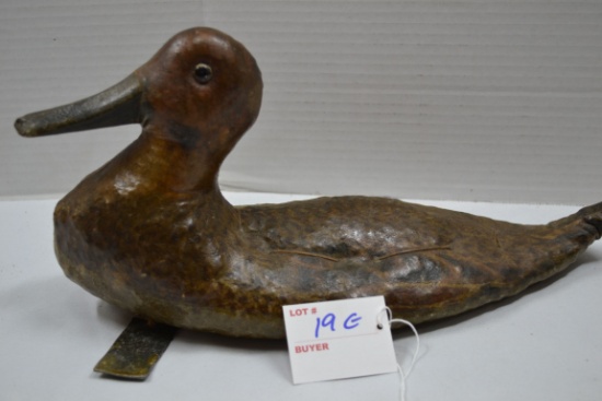 Vintage Leather/Canvas Featherweight Duck Decoy w/Glass Eyes and Lead Weight; 12"x6"