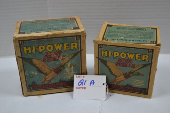 Pair of Vintage Full and Partial Boxes of Hi-Power 12 Ga. and 20 Ga. Shotgun Shells