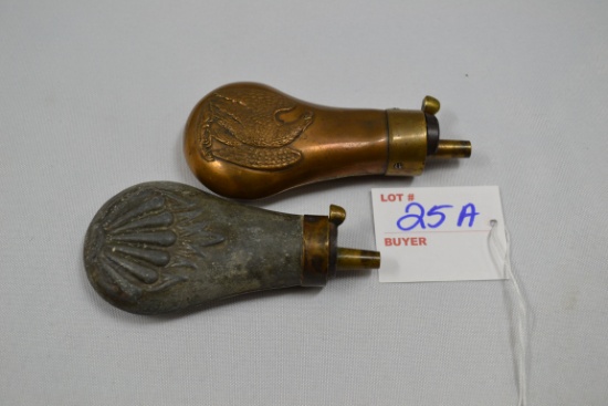Pair of Brass and Tin Pocket-Size Black Powder Flasks; 4" Length
