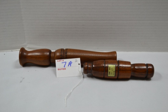 Pair of Walnut Wood Duck Calls including SureShot Duck Caller, and Jim Blakemore