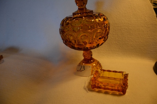 L.E. Smith Amber Moon and Stars Lidded Compote w/Amber Coin Ashtray