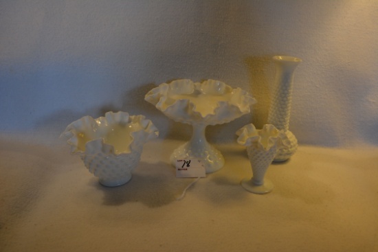 Group of 4 White Milk Glass Hobnail Vases and Candy Dishes