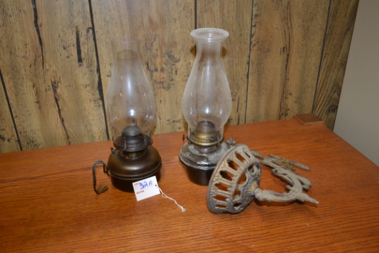 Pair of Glass Base Oil Lamps w/One Bracket