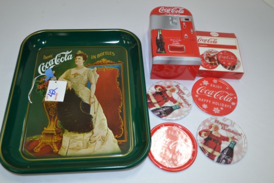 Group of Contemporary Coca-Cola Collectibles including Tray, Coasters, and Candy Tin