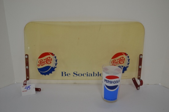 Pepsi-Cola Glass and Vintage Clear Plastic Advertising Topper w/Brackets; 18"x9"