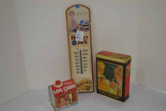 Group of Contemporary Hungry Jack Tin, Thermometer, and Syrup Tin