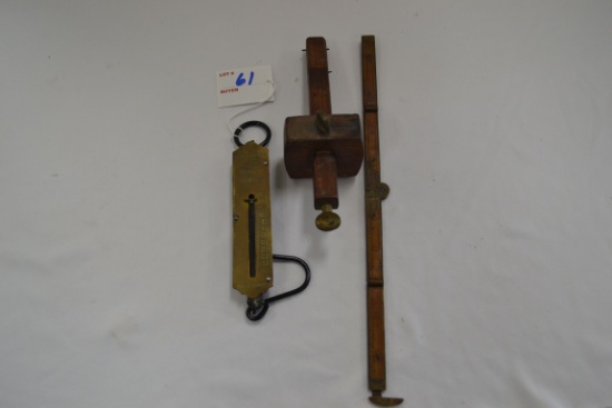 Group of Vintage Brass and Wood Tools including 12" Folding Ruler, Scribe, and 40 lb. Pocket Balance