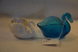 White Goebel Swan Trinket Holder and Unmarked Blue Swan Trinket Holder