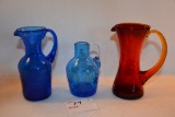 Group of 3 Hand Blown Crackle Glass Pitchers and Vases; 4