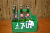 Group of 6 Vintage Glass 7-Up Bottles (Full) w/Plastic Carrier
