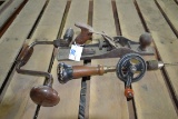 Group  of 3 Vintage Handheld Woodworking Tools including Two Drills and Baili No. 5 Plane