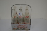 Group of 6 Vintage Glass Pepsi-Cola Bottles in Metal Carrier