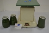 Group of 3 Green/White Hull Creamers and Kitchen Scale by Maid of Honor