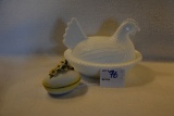 Milk Glass Hen on Nest Dish and Lefton Egg Trinket