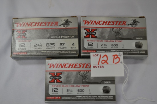 3 Boxes - Winchester 12 Ga. Including 2 Boxes - 12 Ga. 2-3/4" Rifled Slug HP Deer and 1 Box - 12 Ga.