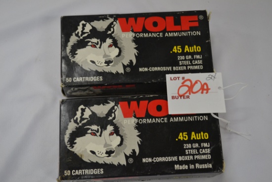2 Boxes - Wolf .45 Auto 230 gr. FMJ Steel Case; 50 Rds./Box; 2xBID
