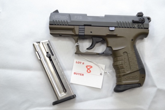 Walther P22 .22LR Cal. Semi-Auto Pistol w/3-Dot Sights, FDE Frame, and 2-10 Rd. Magazines; Made in G