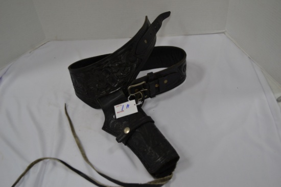 Hand Tooled Black Leather 37" Gun Belt w/8" Holster