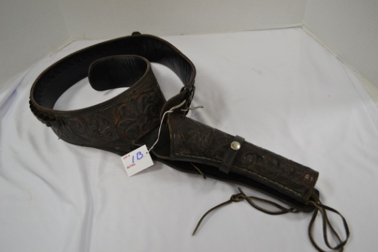 Hand Tooled Black Leather 41" Gun Belt w/10" Holster