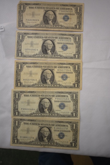 5 - 1957 One Dollar Silver Certificates; Circ.; 5xBID