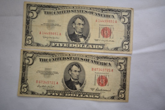 2 - Five Dollar Red Seal Notes including 1953-A and 1963; Circ.; 2xBID