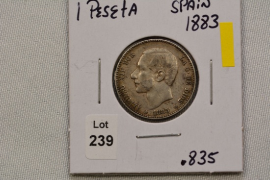 1883 Spanish One Peseta Coin; .835 Silver