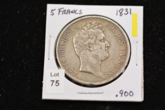 1831 French Five Francs Coin; .900 Silver