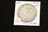 1876 Spanish Five Peseta Coin; .900 Silver