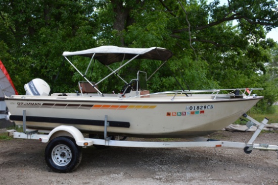 1987 Grumman Center Console V-Bottom 6-Person Aluminum 17' Boat Equipped w/88hp Johnson Boat Motor w