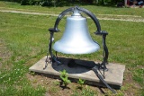 Large Approx. 3-1/2' Diameter Cast Iron Bell w/Rope Clapper and Cradle; Mounted on Cement Pad; Marke