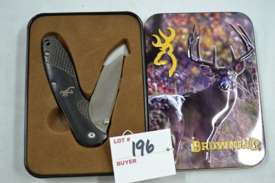 Browning Folding Lock-Blade Pocket Knife w/Belt Clip and Commemorative Tin; 7" OAL, 3-1/2" Blade
