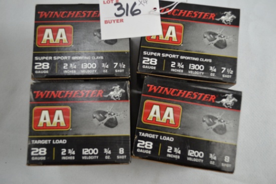 4 Boxes - Winchester AA Super Sport 28 Ga. 2-3/4" No. 7-1/2 Shot; 25 Rds./Box; 4xBID