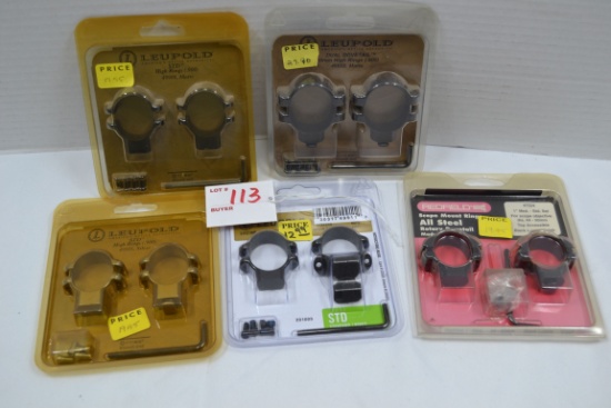 1 Lot of 5 Redfield and Leupold Scope Rings including 30mm and 1" Rings; New