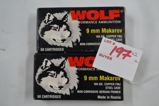 2 Boxes - Wolf 9mm Makarov 110 gr. Copper FMJ, Steel Case; 50 Rds./Box; 2xBID