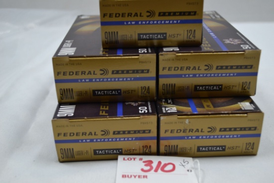 5 Boxes - Federal Law Enforcement 9mm Luger +P 124 gr. Tactical HST; 50 Rds./Box; 5xBID