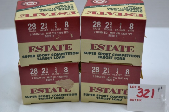 4 Boxes - Estate Super Sport Competition Target Load 28 Ga. 8-Shot Shells; 25 Rds./Box; 4xBID