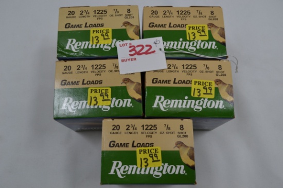 5 Boxes - Remington Game Loads 20 Ga. 8-Shot Shells; 25 Rds./Box; 5xBID