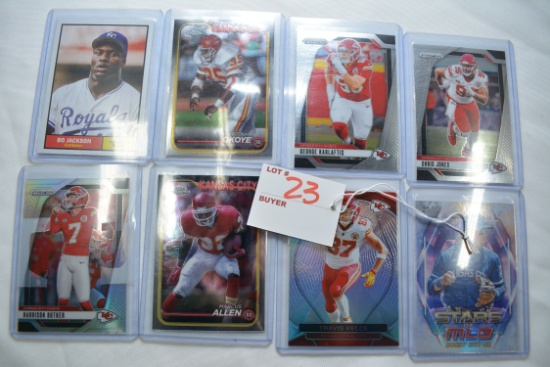 Group of 8 Kansas City Chiefs and Royals Cards including Travis Kelce, Bo Jackson, and Bobby Witt