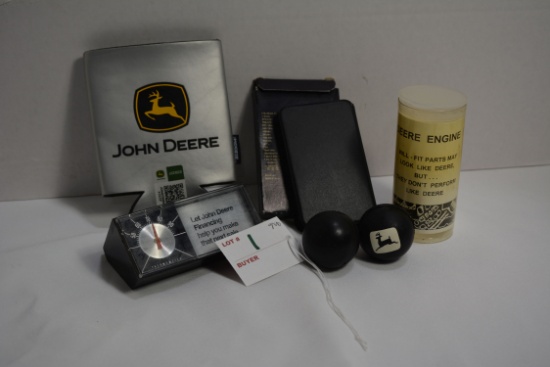 Group of John Deere Advertising including Thermometer, Bouncy Balls, Calculator, and Koozie