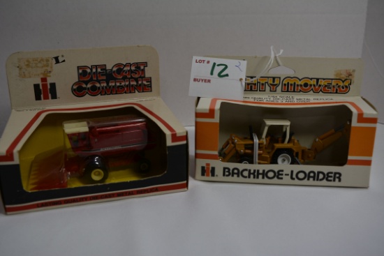 Ertl Mighty Movers Backhoe Loader (1:16 Scale) and International Combine (1:80 Scale); Both NIB
