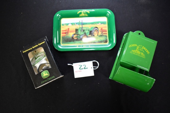 Group of John Deere Advertising Pieces including Wall-Mounted Matchbox Holder, Bottle Opener, and Ti