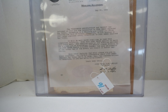 1934 John Deere Plow Company Letter w/Original Envelope and John Deere Harvester Works Mailing Envel