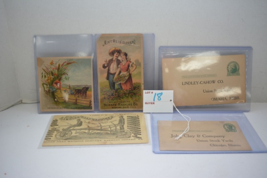 Pair of Vintage Stockyard Postcards and Three Advertising Postcards including Deering, Neward Machin