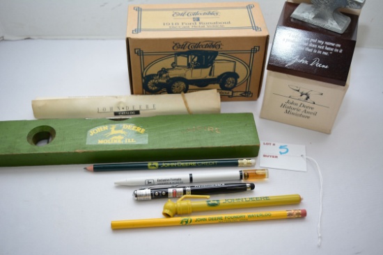 1 Lot of John Deere Memorabilia including Level, Tire Gauge, Pencils, 150th Anniversary Miniature An