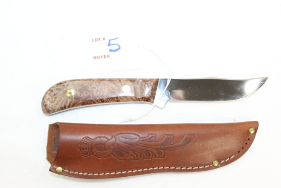 Queen Cutlery Co.  PH02 Fixed Blade Hunting Knife w/Scrolled Leather Sheath; No. 4185; 8-1/2" OAL, 4