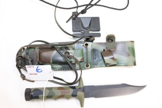 Vintage Compass Industries SS Survival Knife w/Compass, Sheath, Sharpening Stone, Fishing Kit, Survi