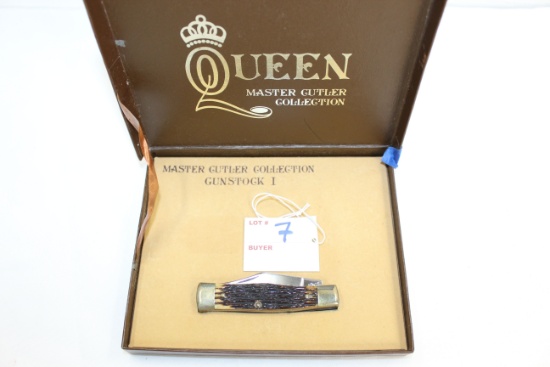Queen Master Gutler Collection Gun Stock I 2-Blade Folding Knife; Marked 79; Made in U.S.A.; NIB